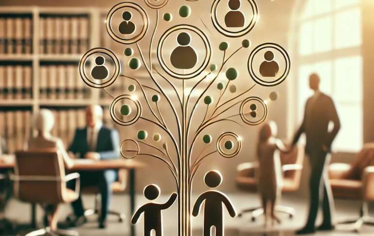 A family meeting with an attorney in a legal office, with a model of a parent and child under a family tree in the foreground, symbolizing customized estate planning for blended families.